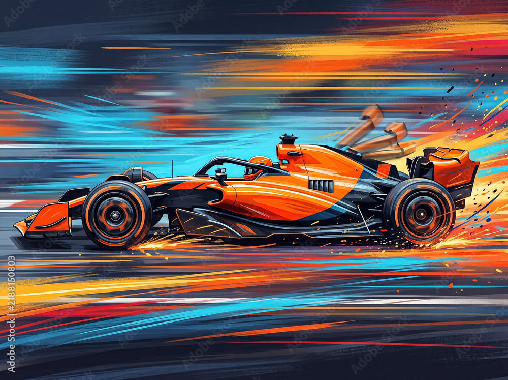 Obraz premium orange and black formula 1 race car speeds in a dynamic side view leaving colorful abstract strokes and sparks from high velocity
