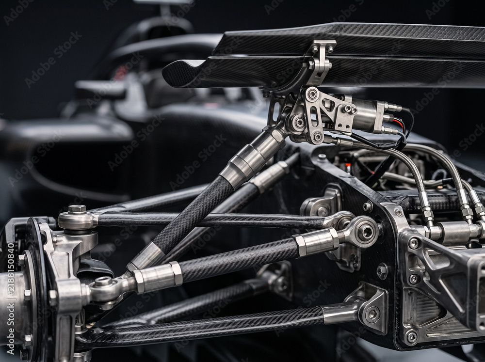 Obraz premium close up view of the intricate rear suspension assembly and defocused wing of a formula 1 race car constructed from carbon and titanium