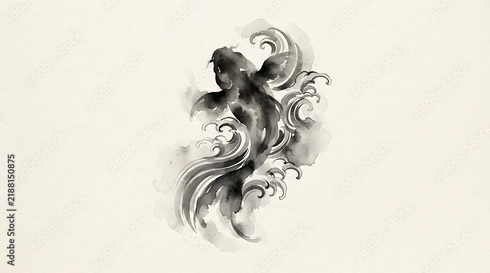 Fototapeta premium Black watercolor koi fish swimming in swirling waves