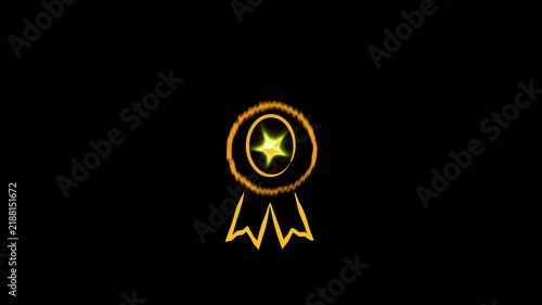 Animated quality badge and 1st place medal icon with star, award ribbon and checkmark symbol for certification and achievement on black screen, 4k motion graphic