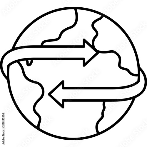 Fotografie Minimalist black outline vector icon of planet Earth encircled by two bidirectional arrows, representing global trade, communication, and environmental circulation in a clean, modern flat composition