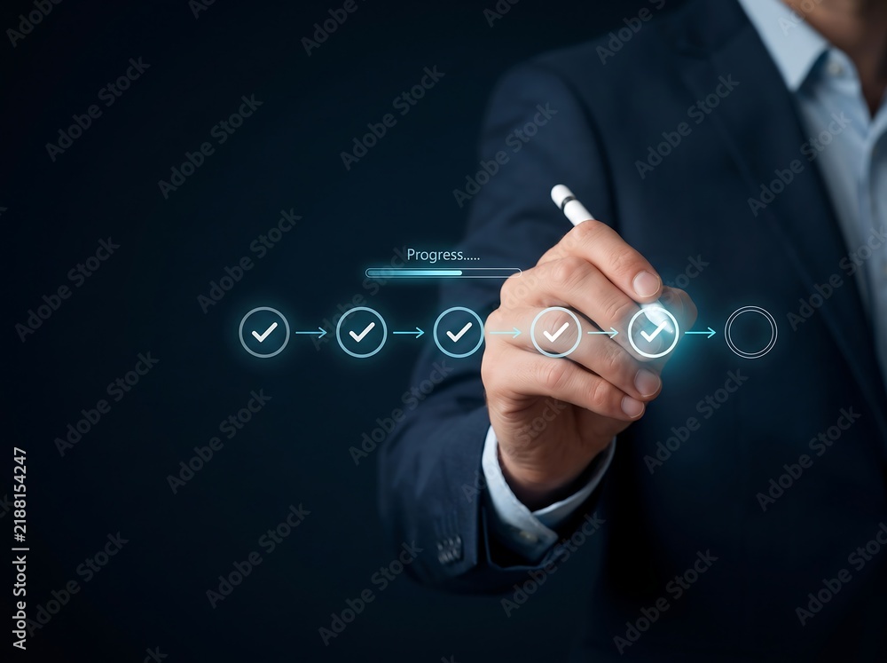 Obraz premium Project advancement technology concept showing glowing checkpoints, task completion, business efficiency, and progress