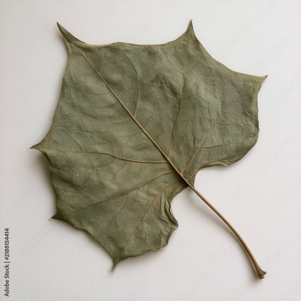 Obraz premium perfectly pressed dried Datura individual leaf, large scale peltate shape and vein network, withered grey-green color, against clean paper.