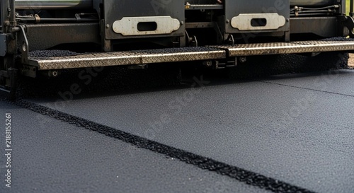 Close-up view of an asphalt paving machine laying a fresh layer of black asphalt on a road construction site.