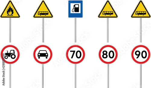 Road Traffic Warning and Regulatory Signs Collection Vector Set for Transportation Safety