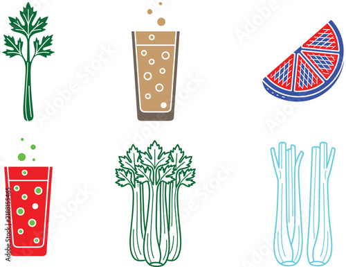 Fresh Celery Stalks Leaves and Healthy Juice Glass Vector Icon Set Isolated on White Background