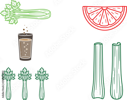 Fresh Celery Stalks Citrus Slice and Juice Glass Vector Icon Set Isolated on White Background