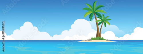 Tropical Island Paradise In The Middle Of Blue Ocean Flat Vector Landscape Background