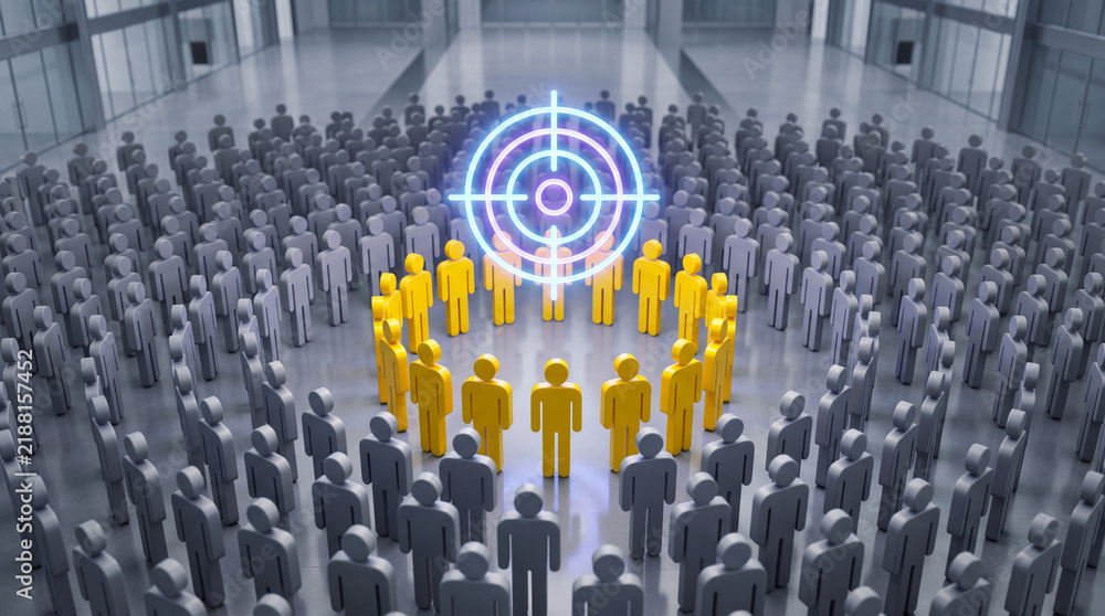 Fototapeta premium Crowd forming a circle around a glowing target symbol, representing focus and collective goals, business strategy, team alignment
