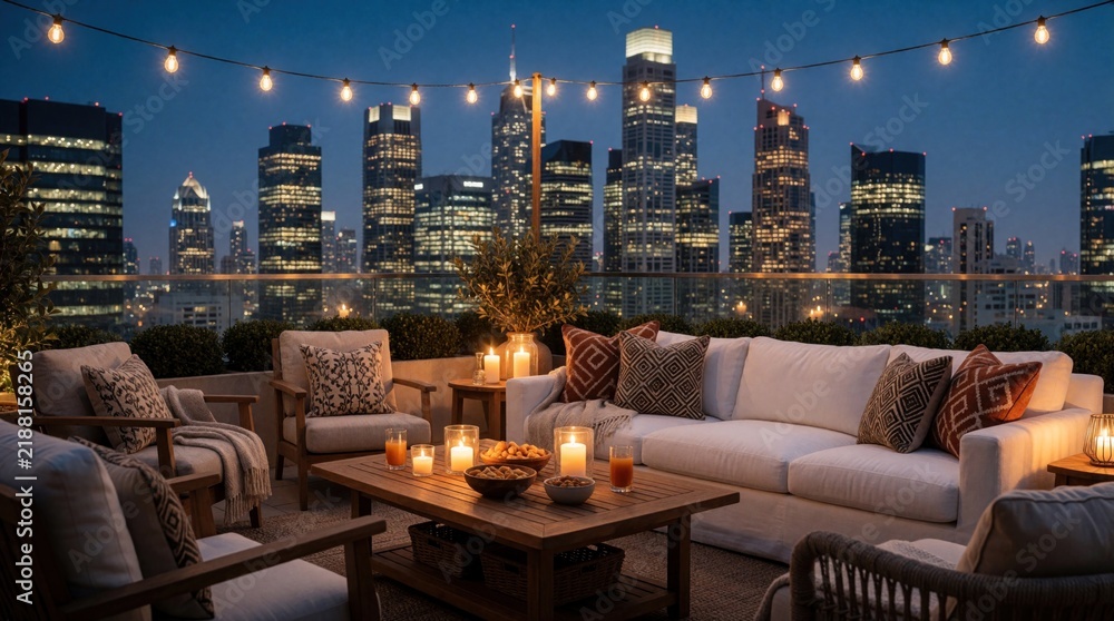 Obraz premium Cosy rooftop terrace with comfortable white sofa, armchairs at night. Warm candlelight, string lights glow over wooden table. Luxury apartment balcony offers amazing view of illuminated city skyline,