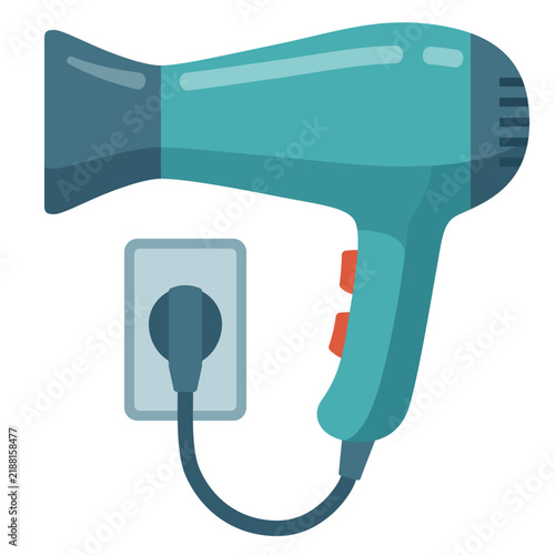 Electric hair dryer plugged into socket icon vector flat design isolated on white background