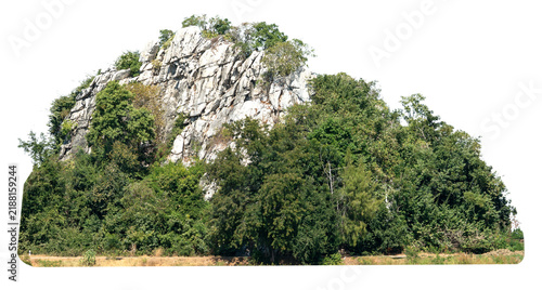 Rocky mountain peak covered with lush green trees and dense vegetation isolated. High resolution cliff and foliage cut out for landscape design and architectural compositing.