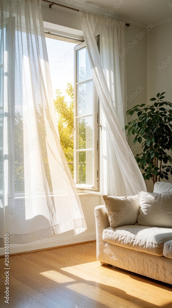 Obraz premium Bright sunlight shines through sheer white curtains in open window. Cozy living room features comfy sofa, large green indoor plant. Warm daylight illuminates hardwood floor, modern interior decor.