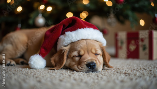 Adorable Golden Retriever Puppy Wearing Santa Hat Sleeping on Carpet under Christmas Tree Lights