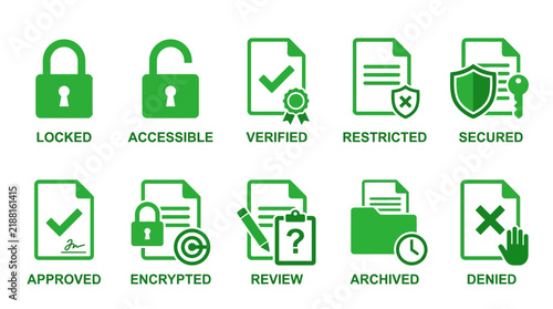Set of green flat document security status icons