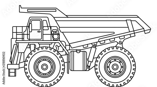 Side view outline line art icon of a heavy duty mining dump truck
