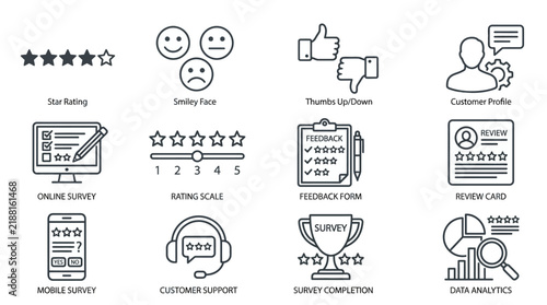 Customer satisfaction rating and online feedback survey line icon set