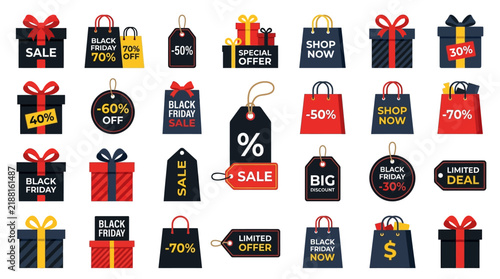 Collection of Black Friday sale icons featuring gifts shopping bags and discount tags