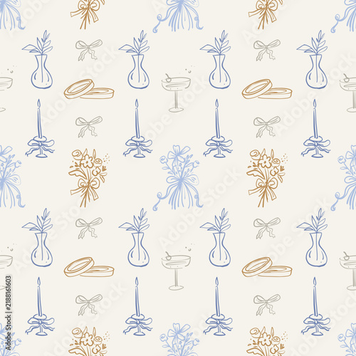 Hand Drawn Wedding Seamless Pattern with Floral Bouquets Rings Candles and Cocktail Glasses in Blue and Gold Tones