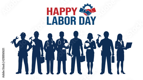 Happy Labor Day illustration featuring a diverse worker group silhouette holding tools