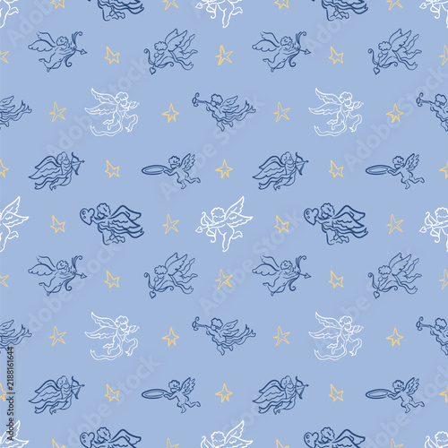 Seamless Pattern with Hand Drawn Cupids and Stars on Light Blue Background for Romantic Designs and Valentine's Day