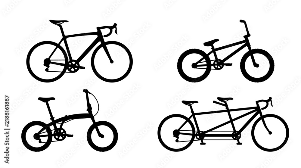 Obraz premium Bicycle silhouette icon collection featuring road BMX folding and tandem bikes