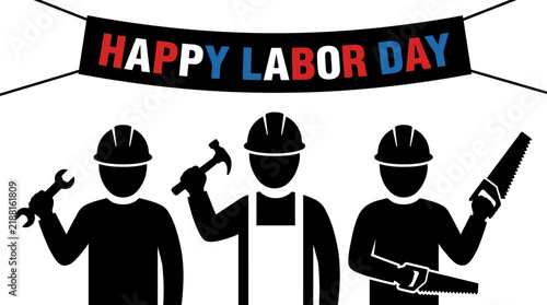 Construction workers silhouette with tools for Happy Labor Day celebration