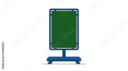 A blank green display board standing on a blue support base