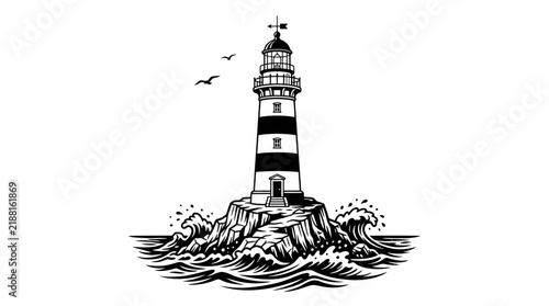 Black and white illustration of a classic coastal lighthouse structure