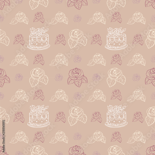 Seamless Pattern with Hand Drawn Cakes and Roses, Vintage Floral Bakery Background in Dusty Pink