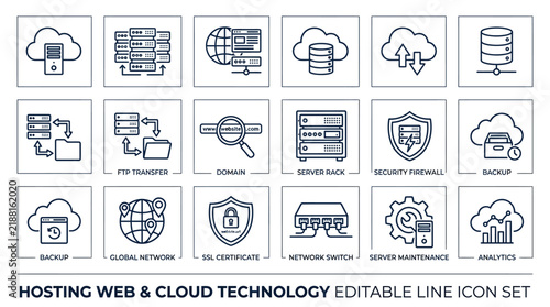 Hosting web and cloud technology editable line icon set