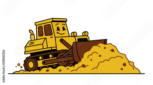 Bulldozer mascot illustration pushing earth in flat two-tone style