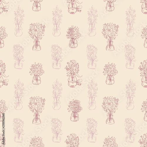 Hand Drawn Seamless Pattern of Pink Flower Bouquets in Vases on Peach Background Elegant Floral Sketch Illustration for Romantic Textiles Wallpaper and Stationery
