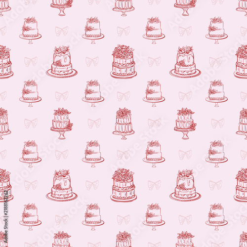 Seamless Pattern with Hand Drawn Vintage Wedding Cakes and Flowers on Pink Background for Romantic Celebration Bakery Design