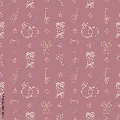 Elegant Hand Drawn Wedding Seamless Pattern with Romantic Icons of Rings Champagne and Flower Bouquets on Rose Pink Background for Bridal Shower Design