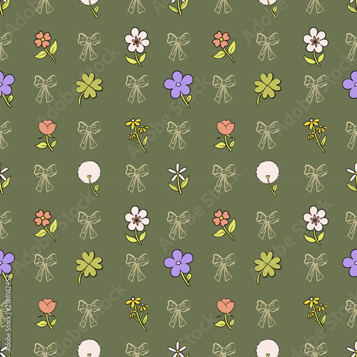 Seamless Hand Drawn Floral Pattern with Colorful Flowers Bows and Clovers on Green Background