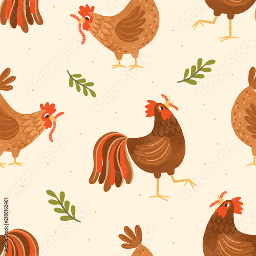 Roosters and chicken, seamless farm pattern. Rooster and hen, farm birds, sea...