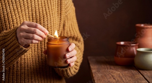 Woman Lighting a Scented Candle With a Match at Home