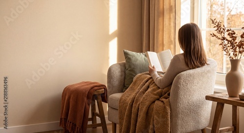 Woman Reading Book in Cozy Armchair by Sunny Window