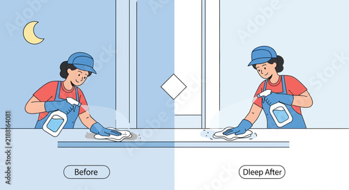 Woman Cleaning Surface Before and After, Day and Night Contrast