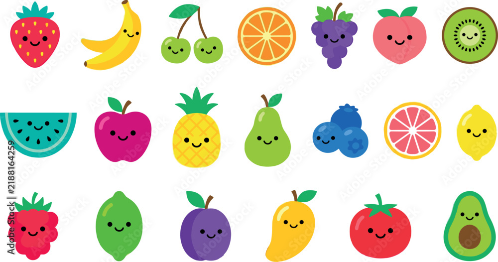 Obraz premium Cute fruit vector icon set with colorful smiling kawaii characters including strawberry banana apple and orange