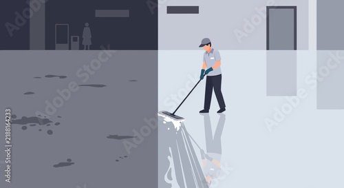 Janitor Mopping Dirty Floor, Cleaning Service, Isolated Cut Out