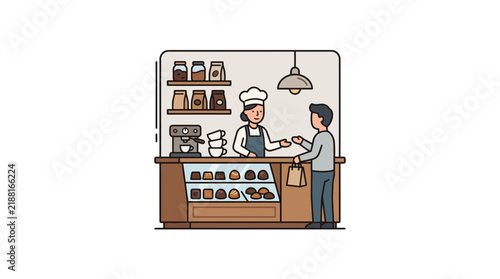 A female baker or barista serving a male customer at a bakery or coffee shop counter with various baked goods and an espresso machine.