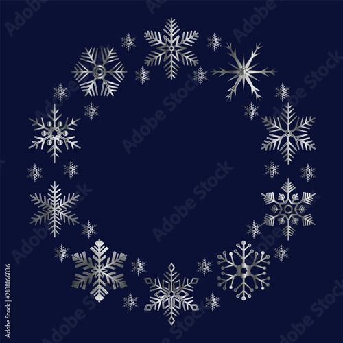 Silver Platinum Luxury Snowflake wreath frame in blue background EPS Vector