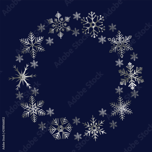Silver Platinum Luxury Snowflake wreath frame in blue background EPS Vector