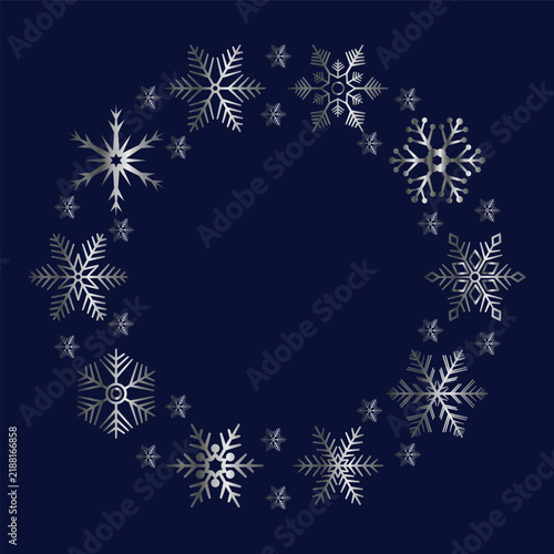 Silver Platinum Luxury Snowflake wreath frame in blue background EPS Vector