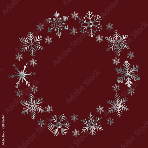 Silver Platinum Luxury Snowflake wreath frame in Red background EPS Vector