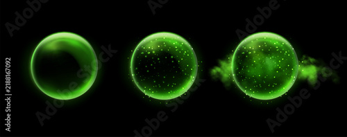 Green magic fantasy spheres set. Crystal ball with glowing sparkles and particles. Energy orb with glow flare light effect. Isolated on black background. Vector illustration.