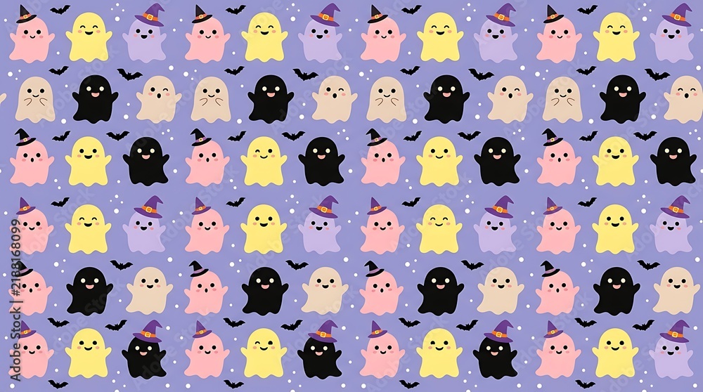 Cute colorful halloween ghost pattern featuring funny friendly spirits with purple hats on light blue background