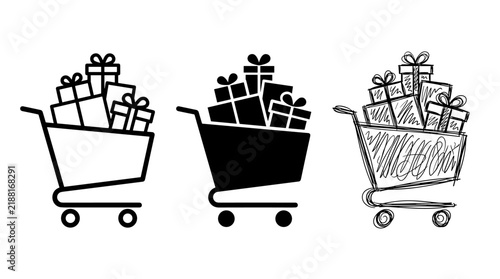Shopping carts with gifts in outline, silhouette and sketch styles